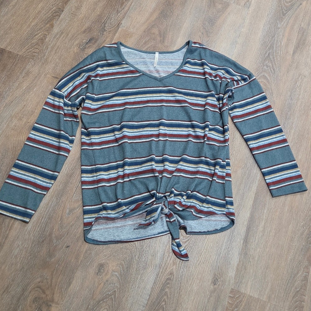 Lime n Chili Striped Long Sleeve Front Tie Knot V-Neck Top Teal Rust Large